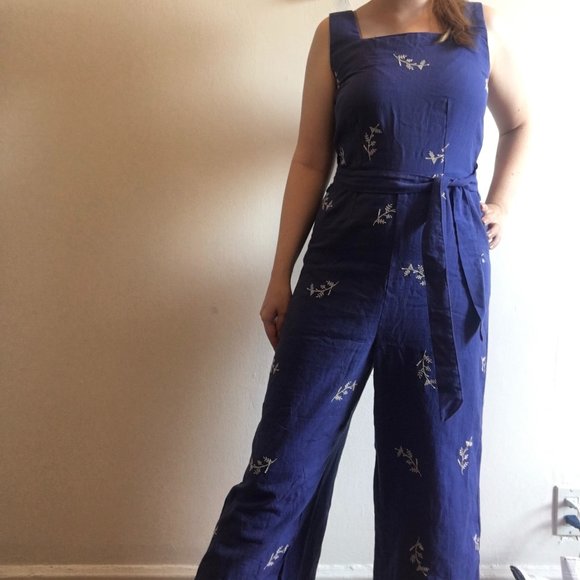 Blue/Purple Jumpsuit with White Embroidered Flowers - Picture 1 of 4